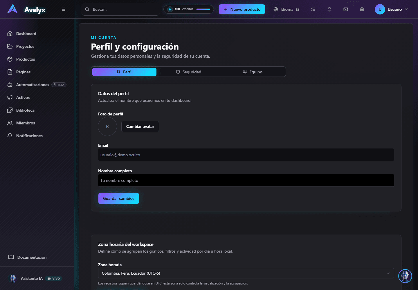 Pantalla de configuración de cuenta donde se gestiona el perfil.
