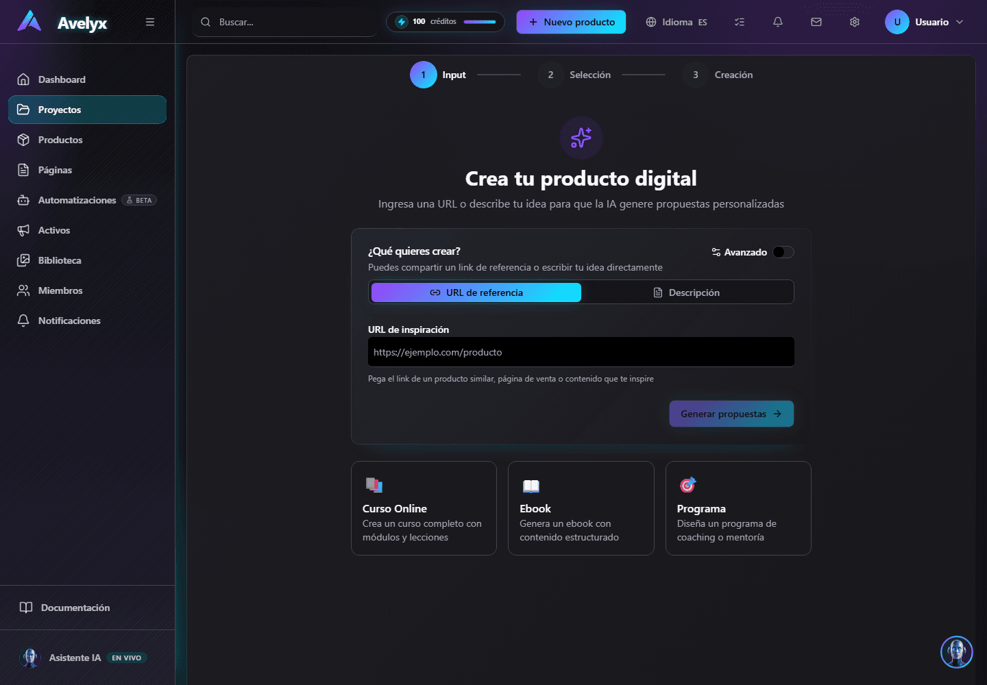 Asistente de creación de proyecto — pantalla de descripción.