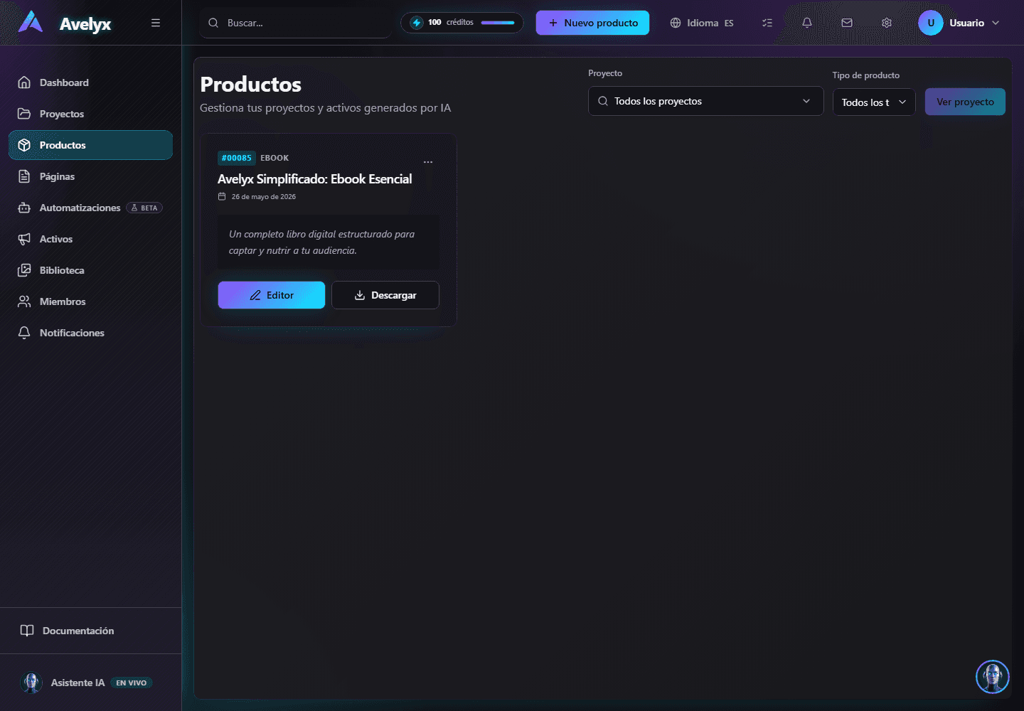 Módulo de productos mostrando el producto recién generado.
