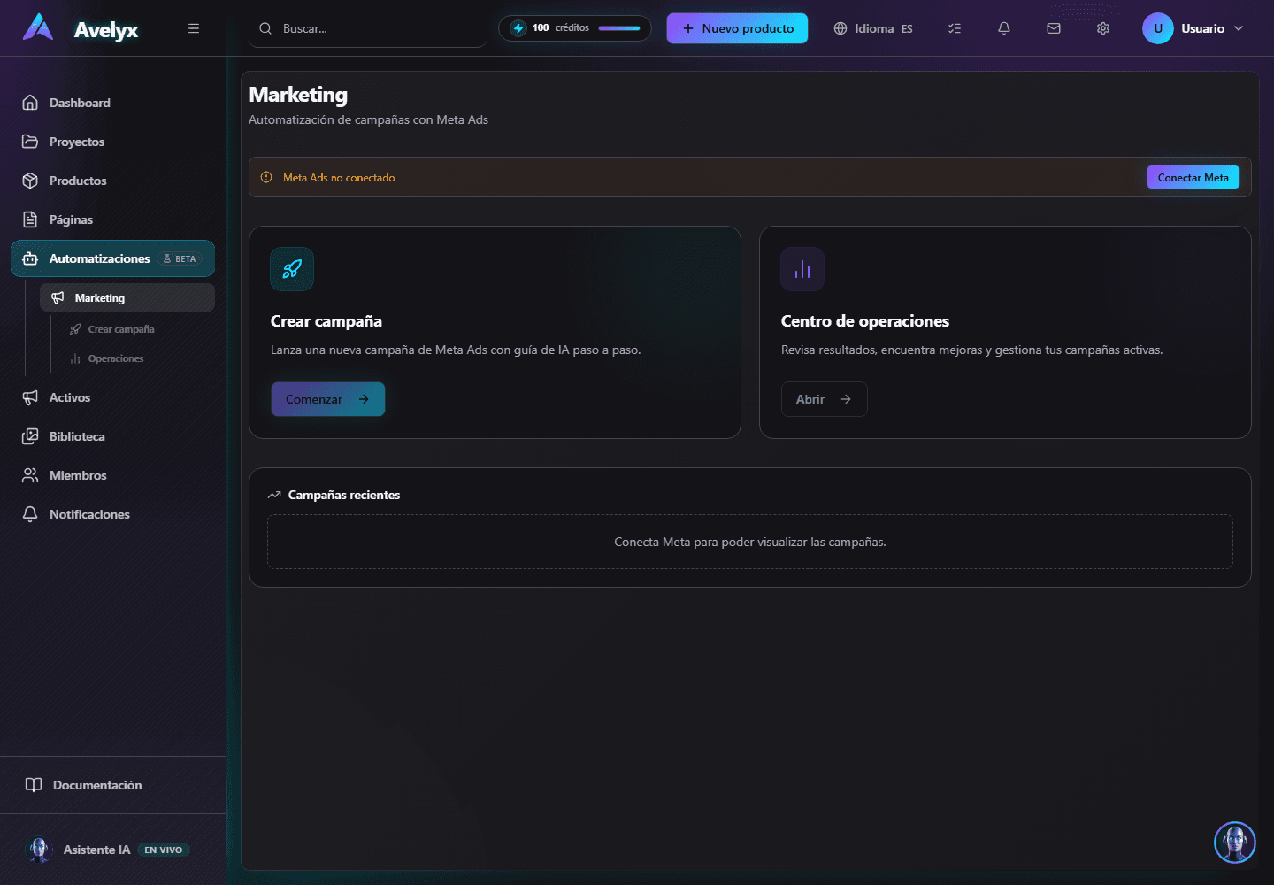 Módulo de Marketing con las pestañas de Anuncios, Correos e Imágenes.